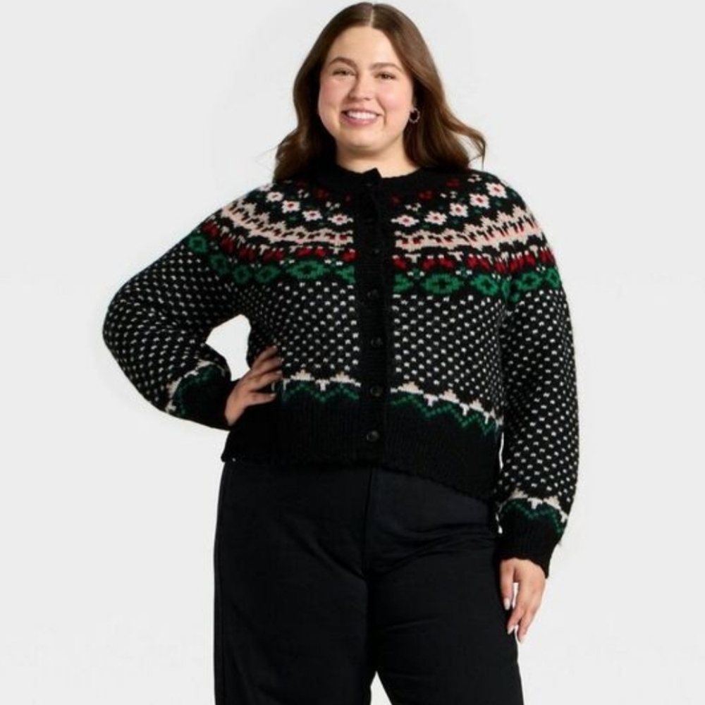 Universal Thread Black Fair Isle Knit Cardigan with Green and Red Accents